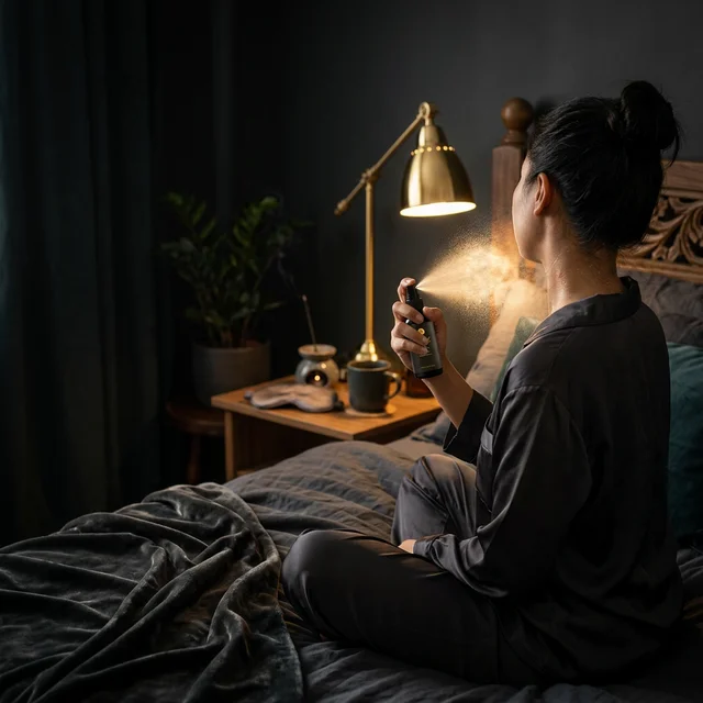 Seseorang menyemprotkan Ayriz Oil ke bahunya di malam hari